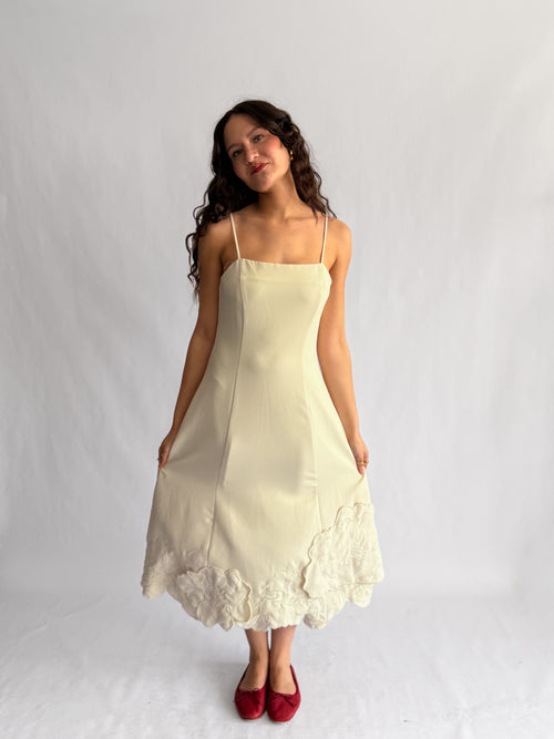 Poppy Cream 3D Floral Hem Sleeveless Midi Dress