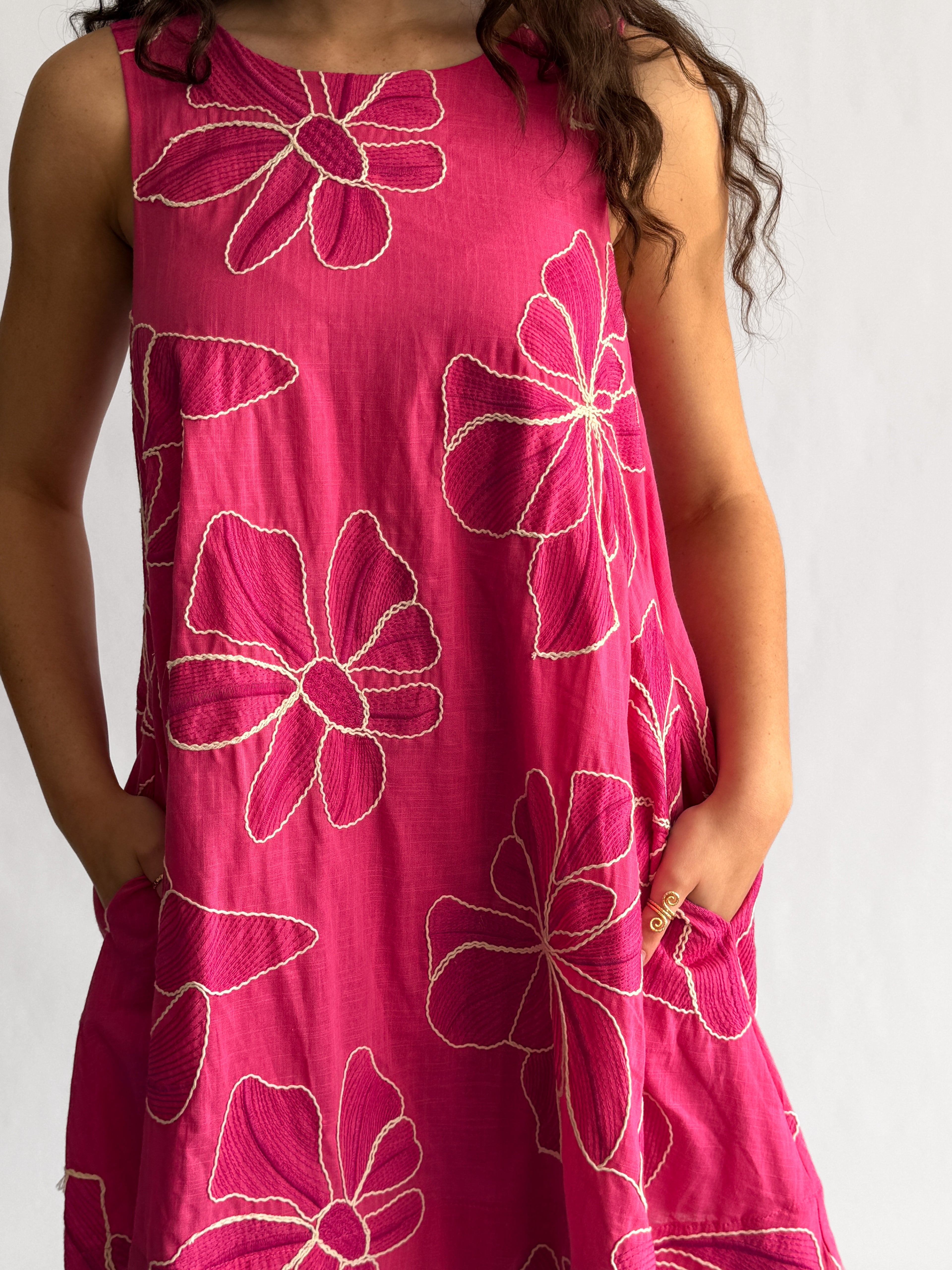 PINCH Paisley Floral Embroidered Tank Mini Dress (Pink)
