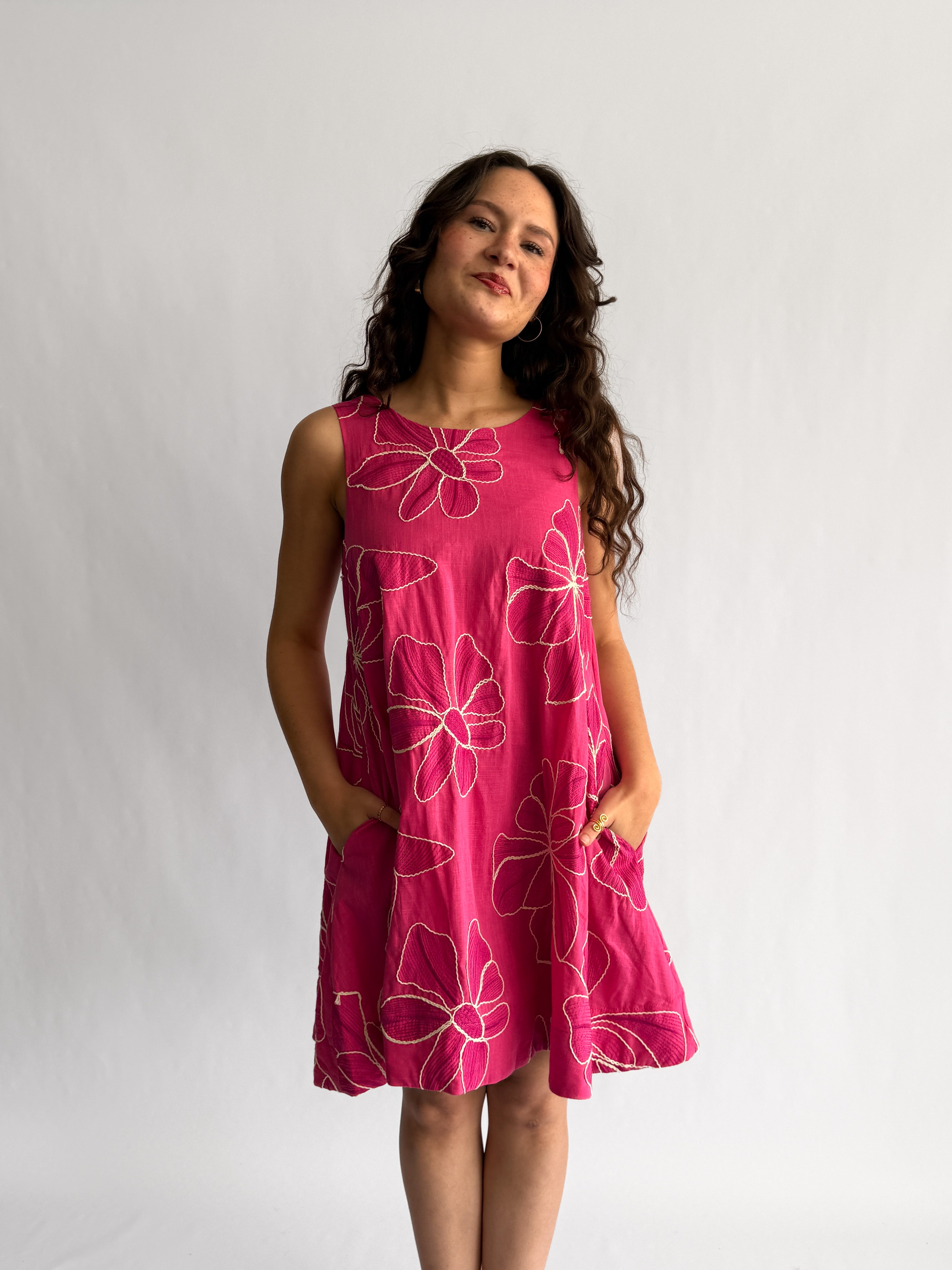 PINCH Paisley Floral Embroidered Tank Mini Dress (Pink)