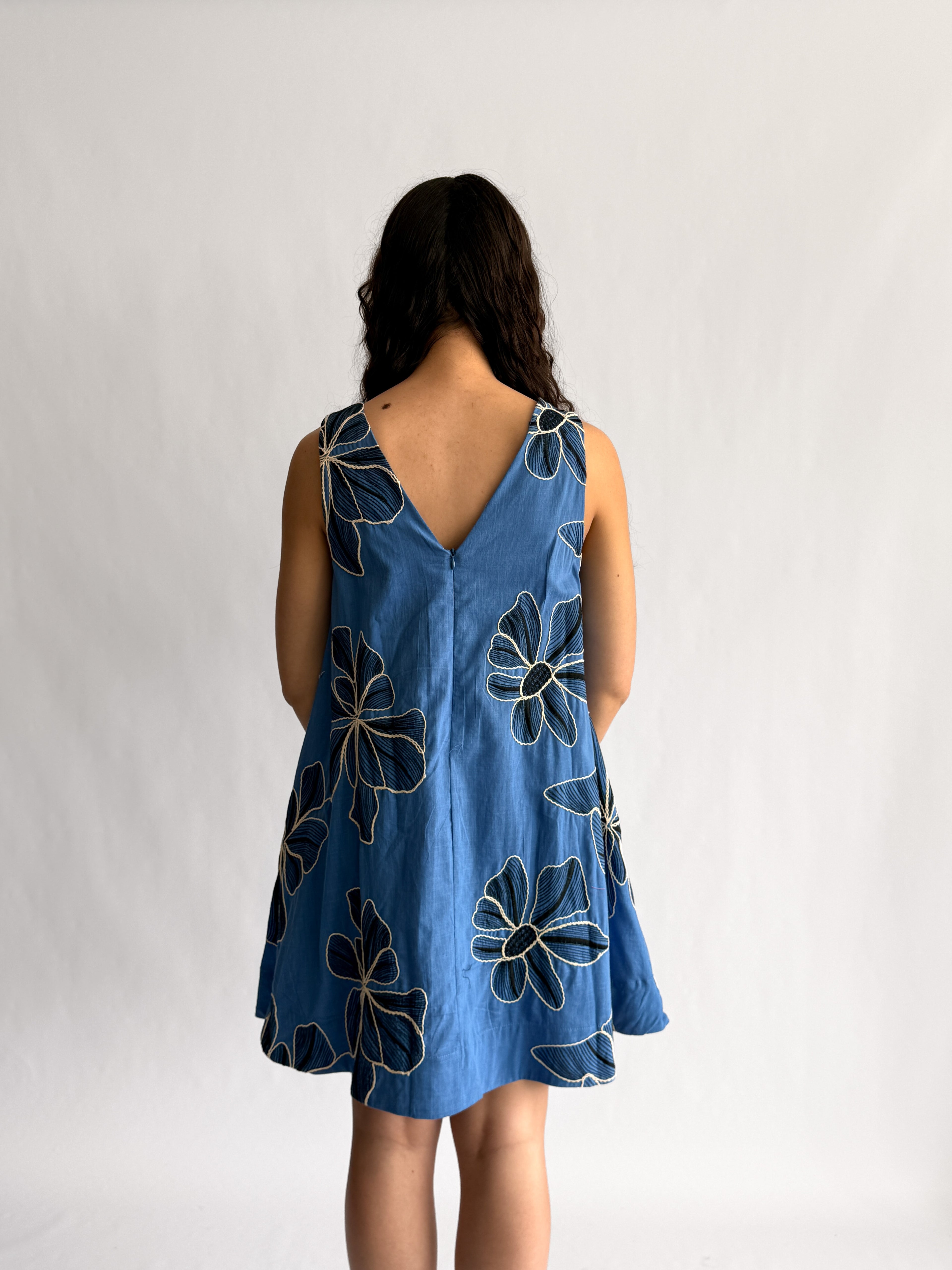 PINCH Paisley Floral Embroidered Tank Mini Dress (Blue)