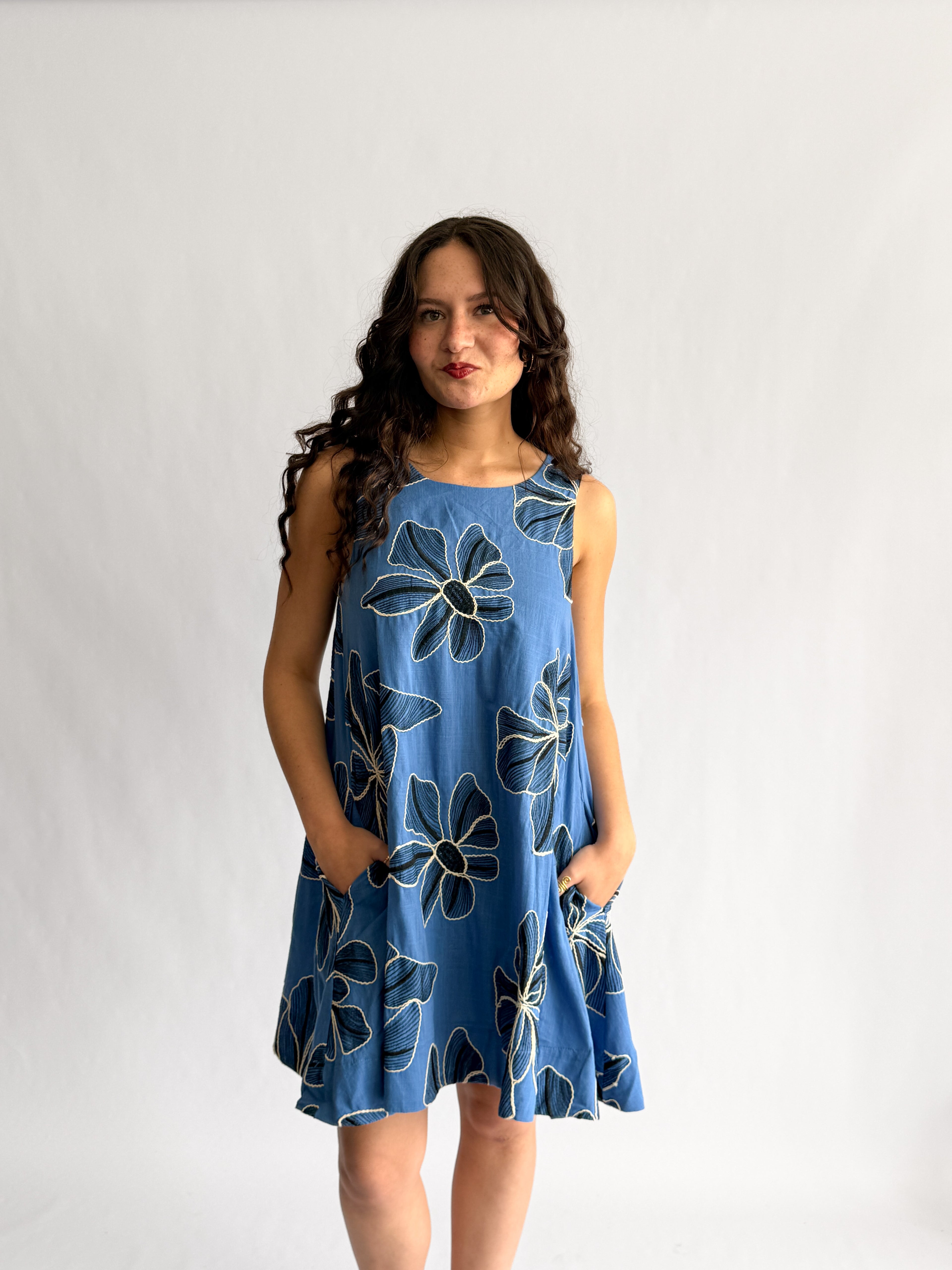 PINCH Paisley Floral Embroidered Tank Mini Dress (Blue)