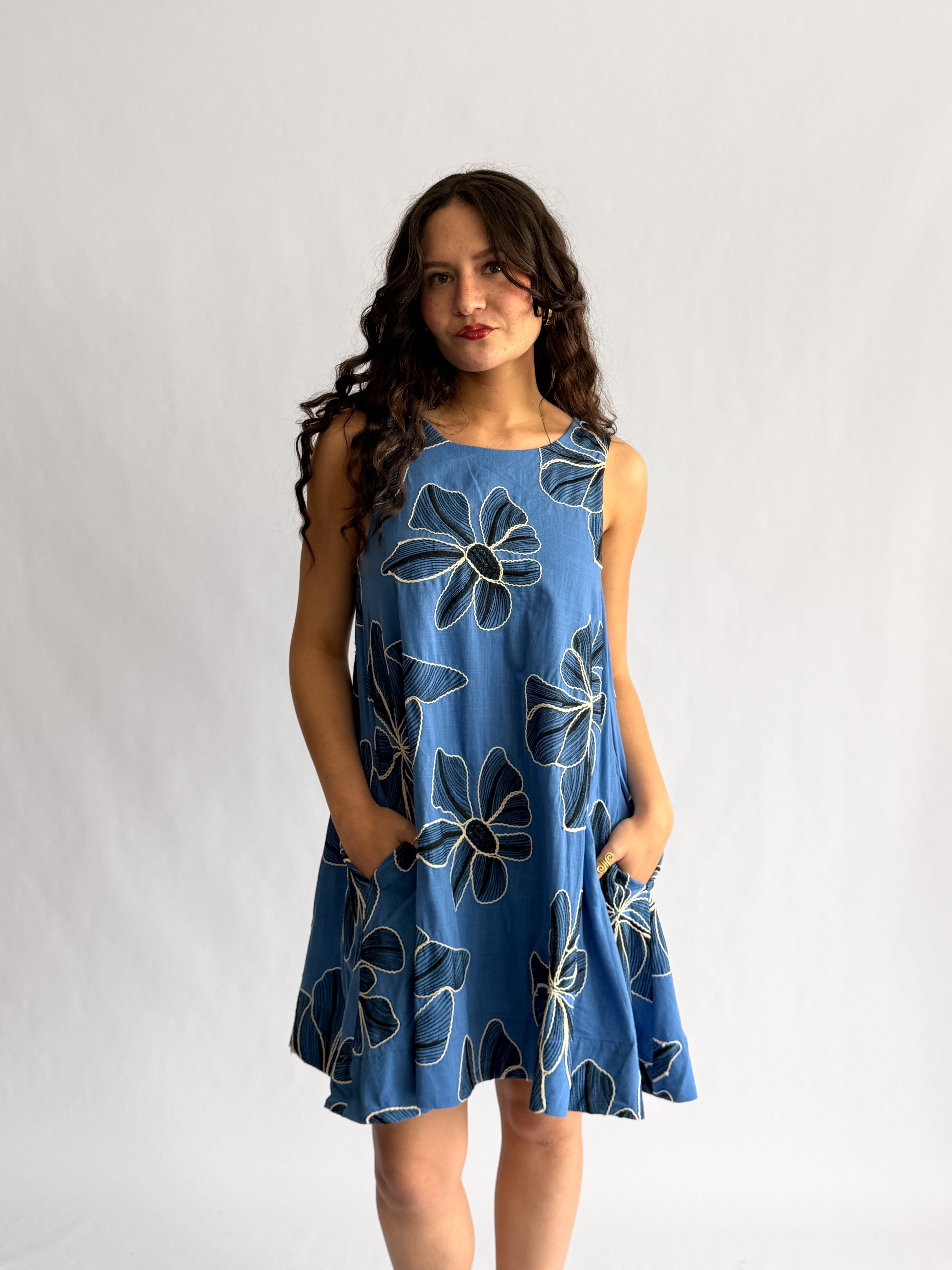 PINCH Paisley Floral Embroidered Tank Mini Dress (Blue)