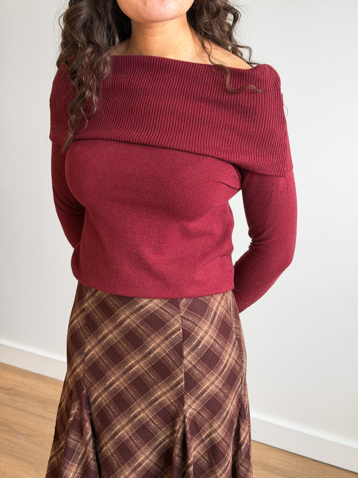 Haven Ribbed Off the Shoulder Knit Long Sleeve Top (Burgundy)