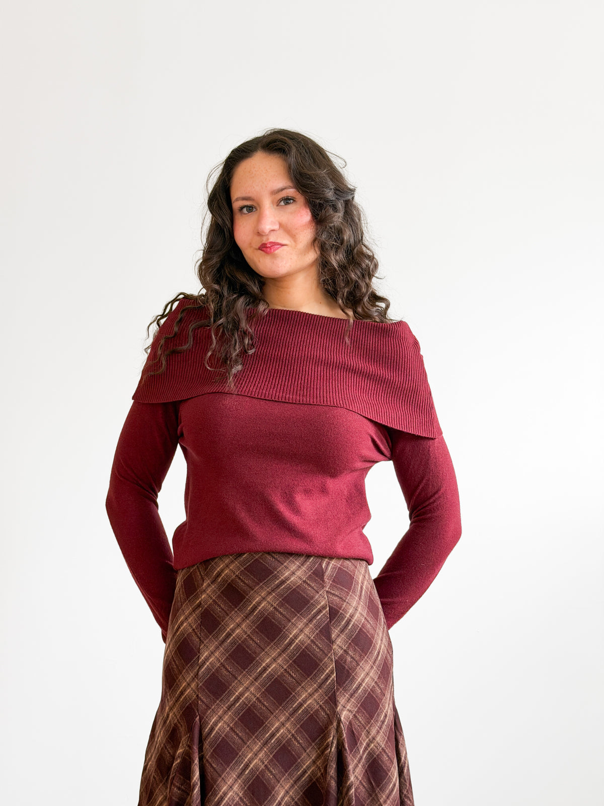 Haven Ribbed Off the Shoulder Knit Long Sleeve Top (Burgundy)