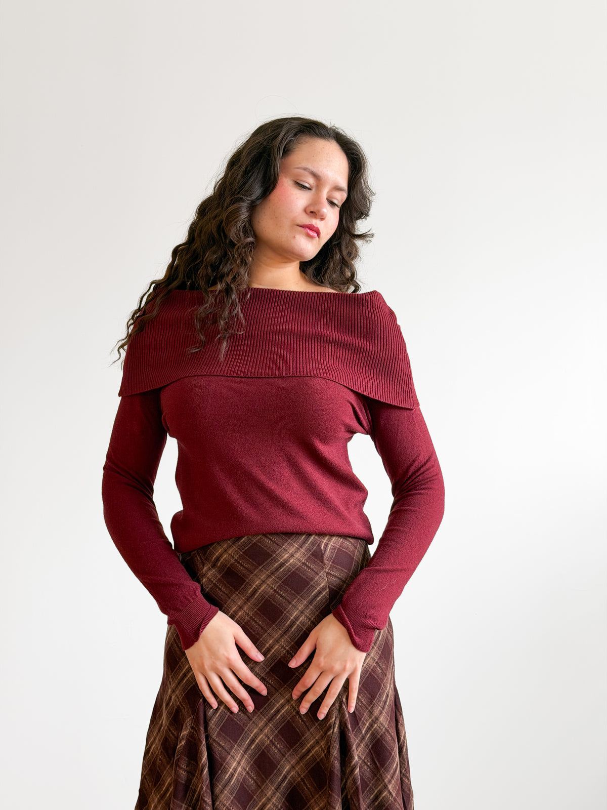 Haven Ribbed Off the Shoulder Knit Long Sleeve Top (Burgundy)