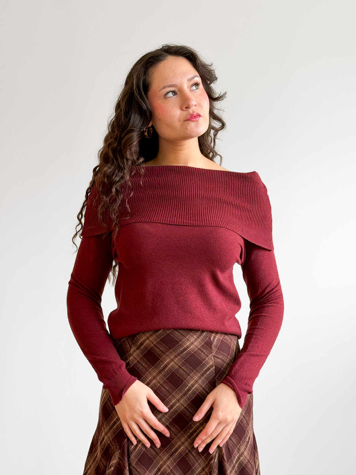 Haven Ribbed Off the Shoulder Knit Long Sleeve Top (Burgundy)