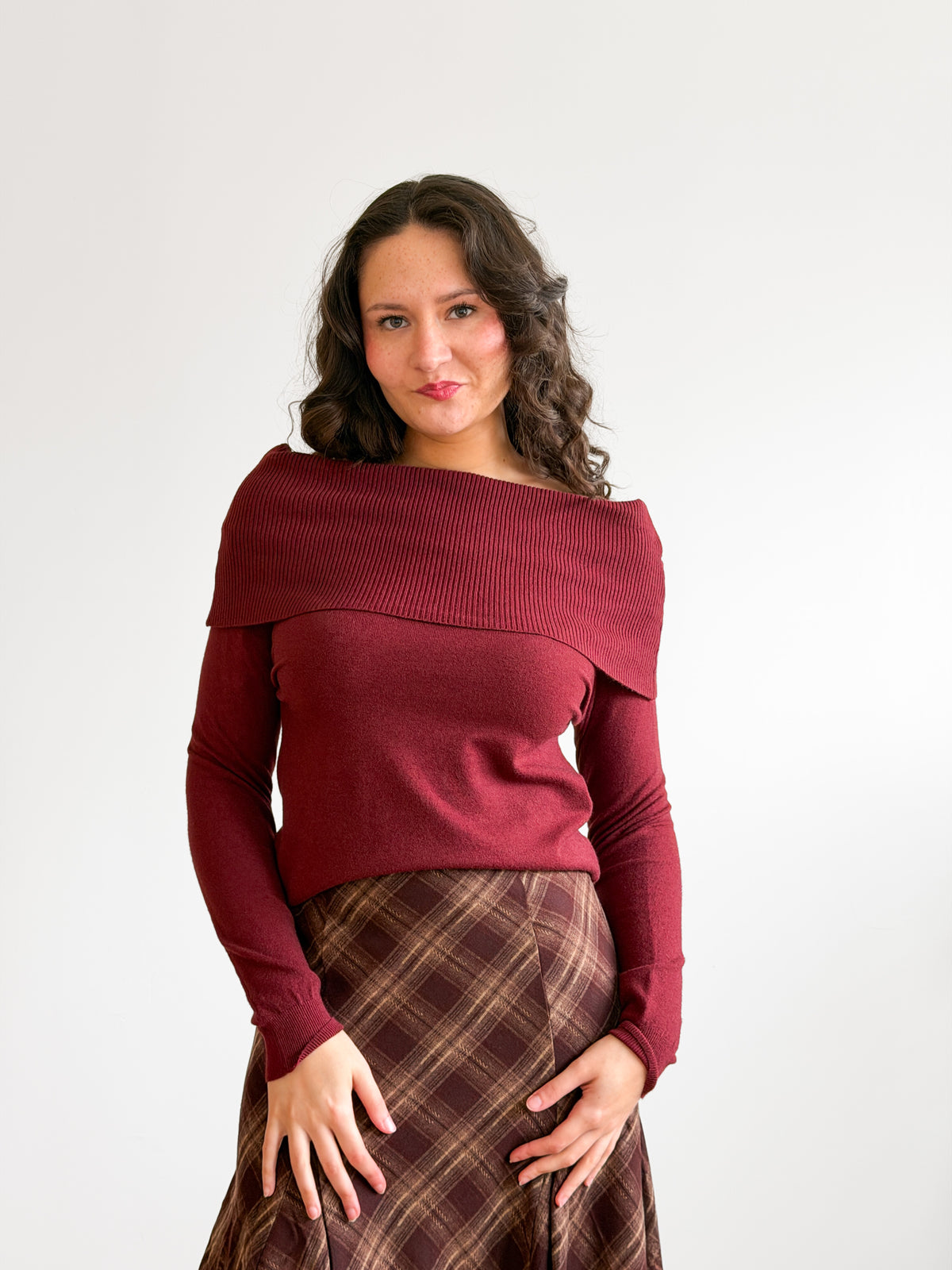 Haven Ribbed Off the Shoulder Knit Long Sleeve Top (Burgundy)