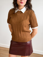 Lucy Paris Kenny Caramel Brown Cable Knit Polo Top