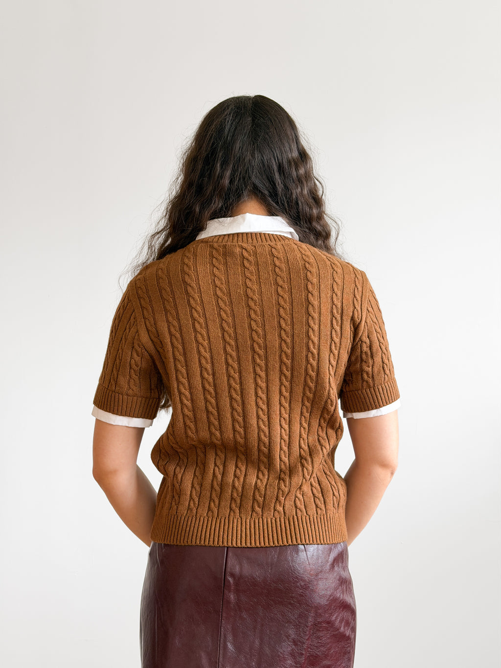 Lucy Paris Kenny Caramel Brown Cable Knit Polo Top