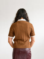 Lucy Paris Kenny Caramel Brown Cable Knit Polo Top