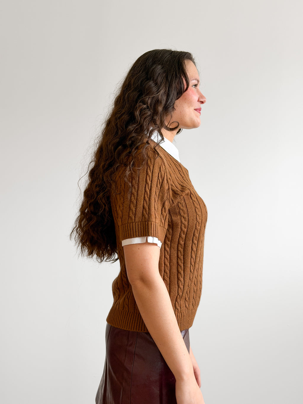 Lucy Paris Kenny Caramel Brown Cable Knit Polo Top