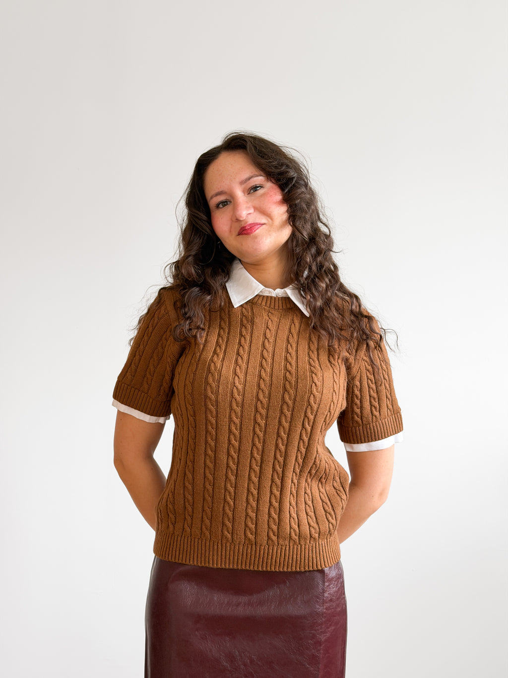 Lucy Paris Kenny Caramel Brown Cable Knit Polo Top