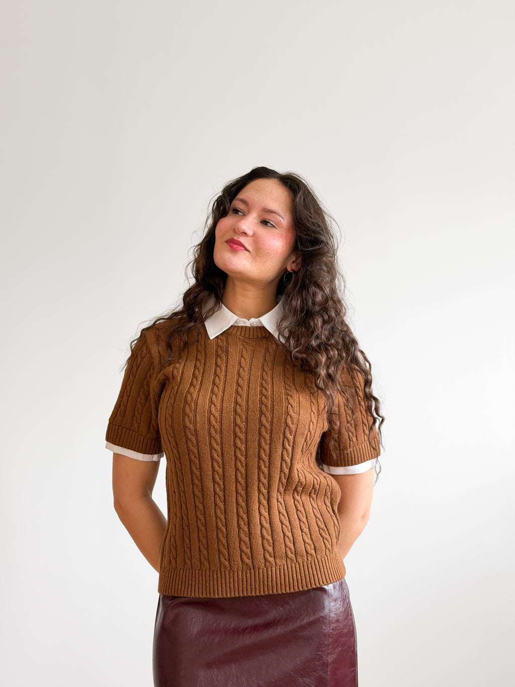 Lucy Paris Kenny Caramel Brown Cable Knit Polo Top