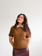 Lucy Paris Kenny Caramel Brown Cable Knit Polo Top