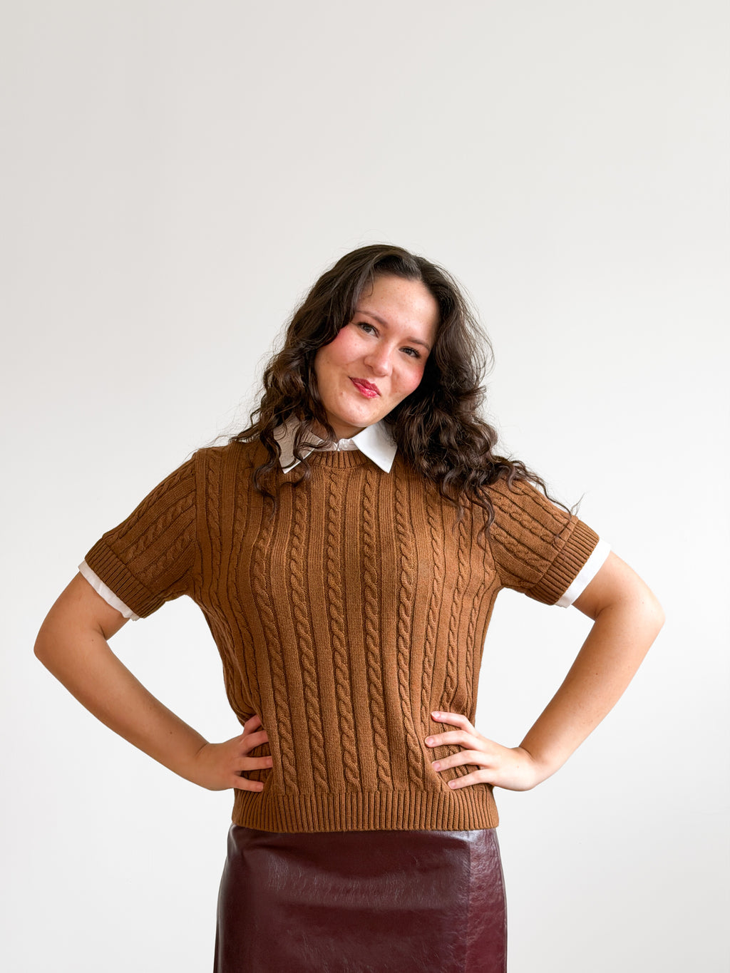 Lucy Paris Kenny Caramel Brown Cable Knit Polo Top