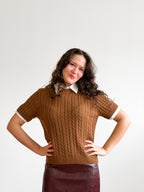 Lucy Paris Kenny Caramel Brown Cable Knit Polo Top