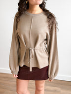 Helena Taupe Drawstring Cinch Long Sleeve Knit Top