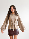 Helena Taupe Drawstring Cinch Long Sleeve Knit Top