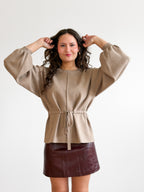 Helena Taupe Drawstring Cinch Long Sleeve Knit Top