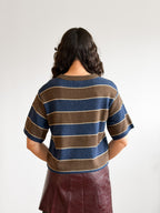 Hunter Brown and Blue Striped Short Sleeve Knit Top