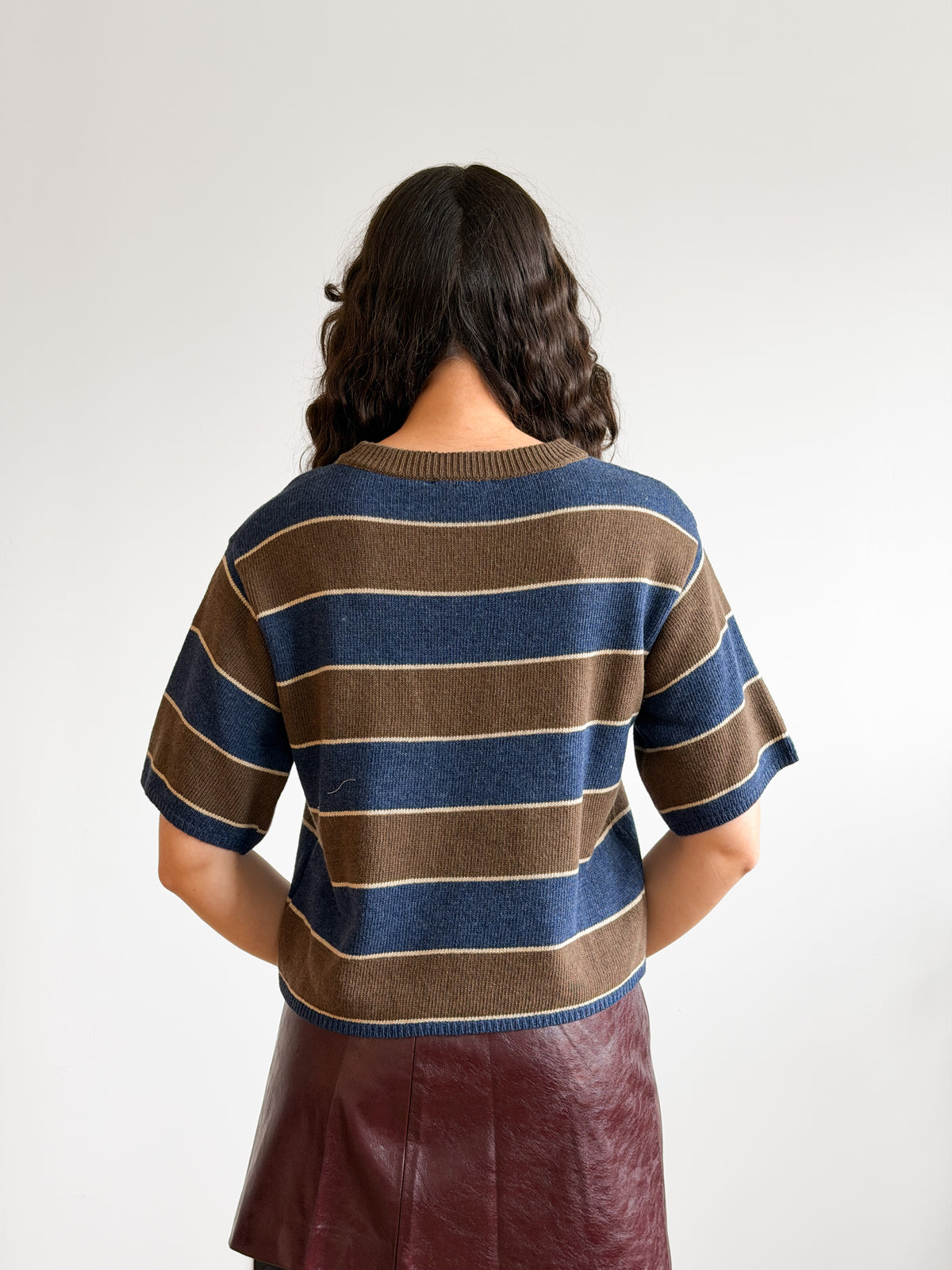 Hunter Brown and Blue Striped Short Sleeve Knit Top