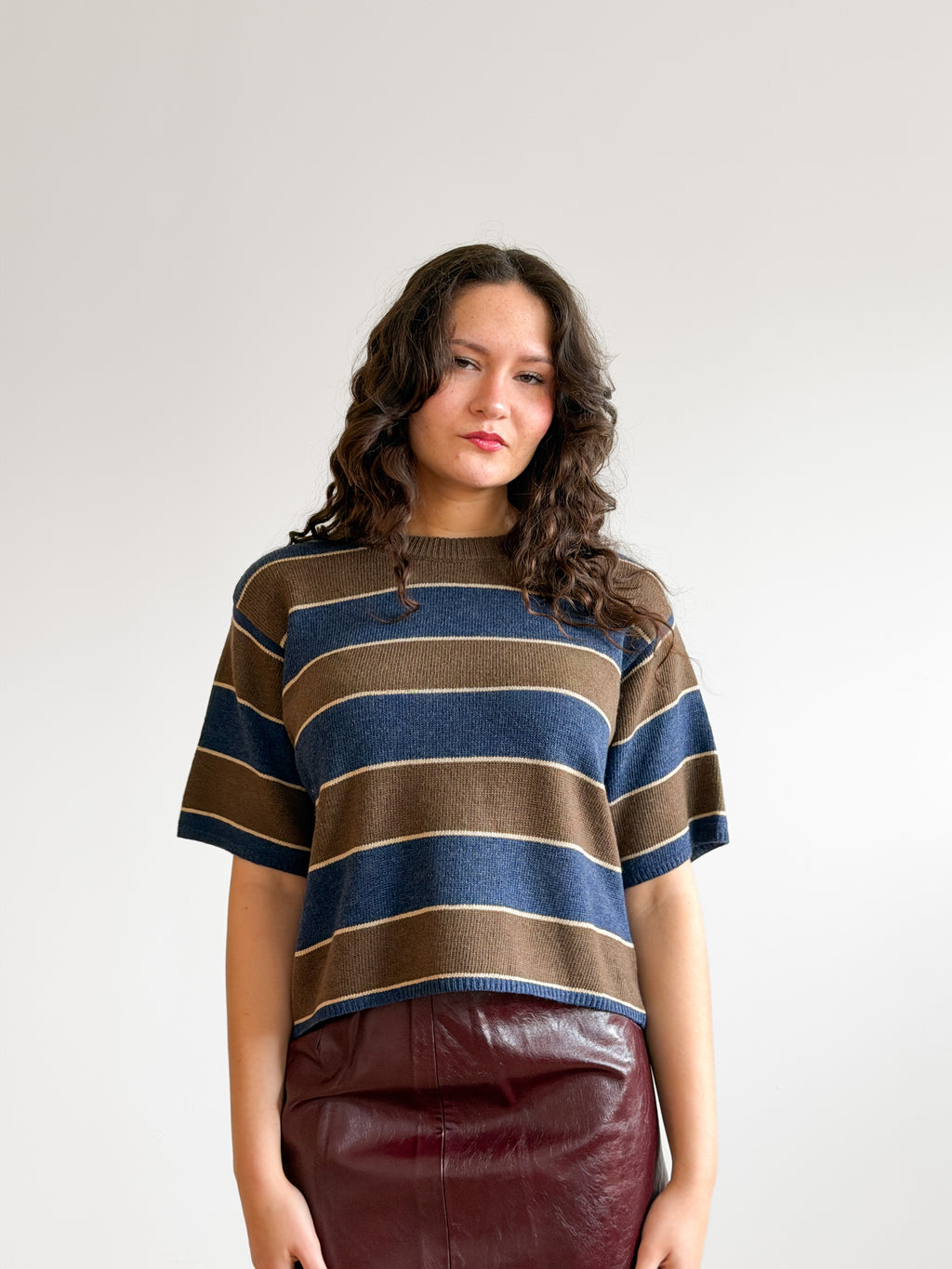 Hunter Brown and Blue Striped Short Sleeve Knit Top
