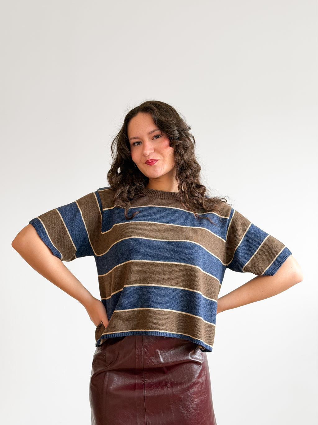 Hunter Brown and Blue Striped Short Sleeve Knit Top