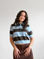 PINCH Harley Color Blue and Brown Stripe Buttoned Knit Polo Top