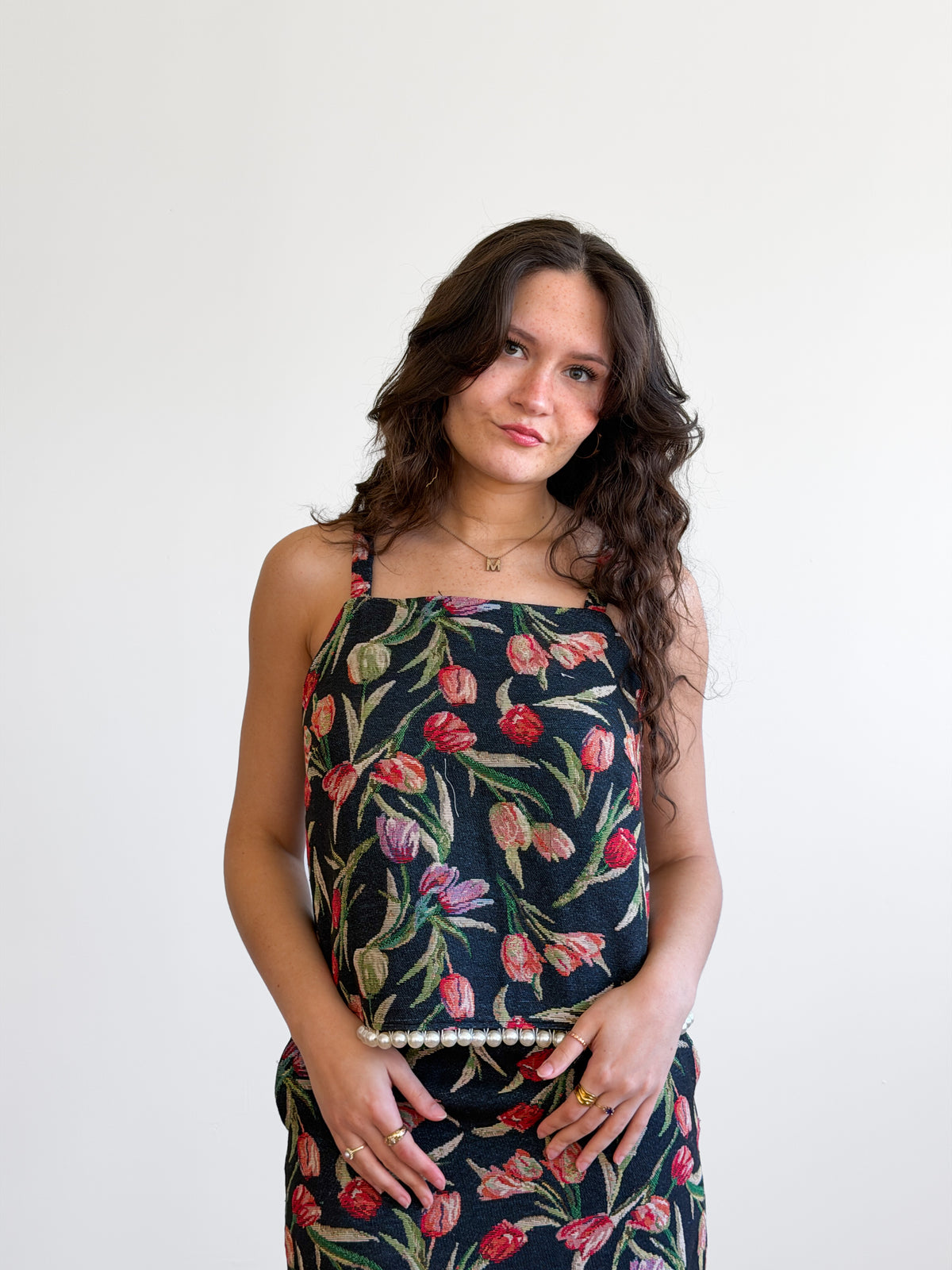 Heidi Floral Jacquard Pearl Trim Sleeveless Top