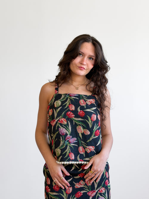 Heidi Floral Jacquard Pearl Trim Sleeveless Top