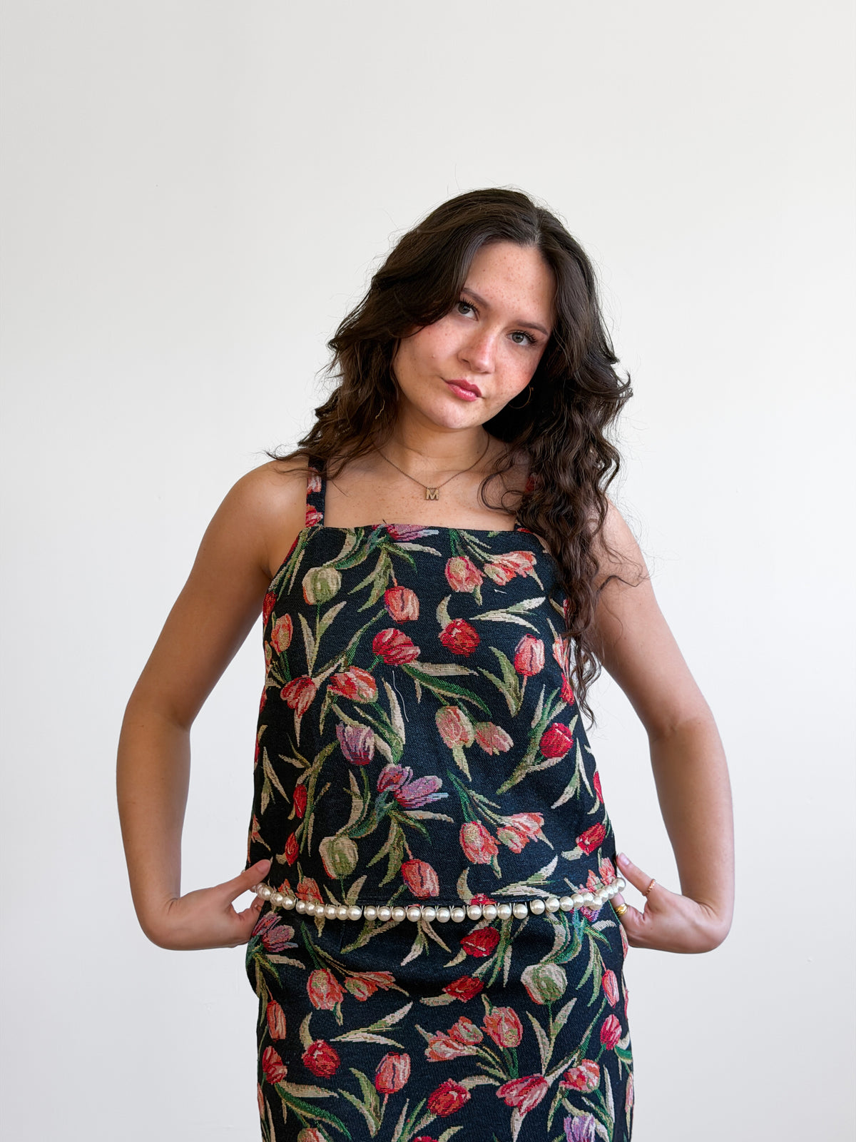 Heidi Floral Jacquard Pearl Trim Sleeveless Top