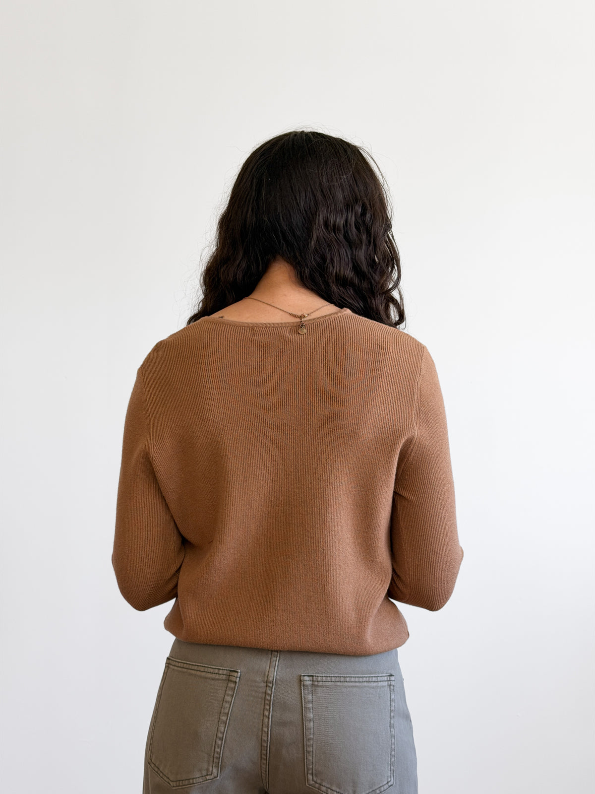 Holly Rib Knit Buttoned Long Sleeve Cardigan Top (Camel)