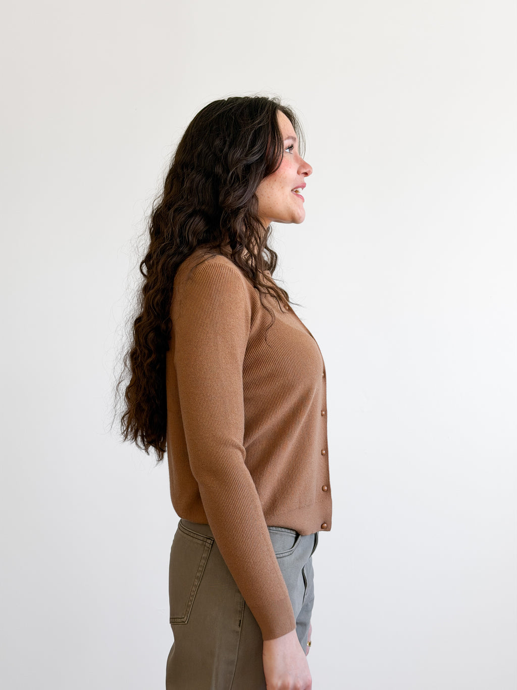Holly Rib Knit Buttoned Long Sleeve Cardigan Top (Camel)