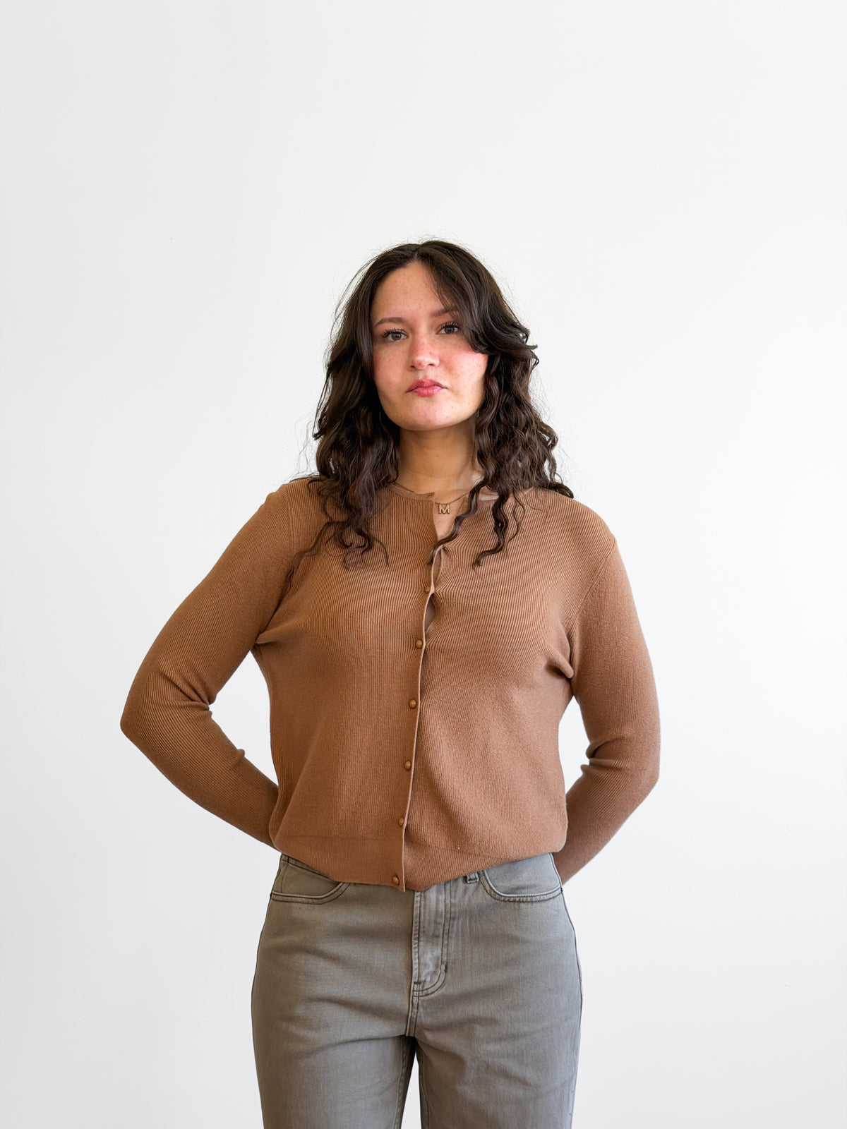 Holly Rib Knit Buttoned Long Sleeve Cardigan Top (Camel)