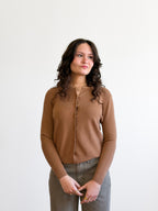 Holly Rib Knit Buttoned Long Sleeve Cardigan Top (Camel)