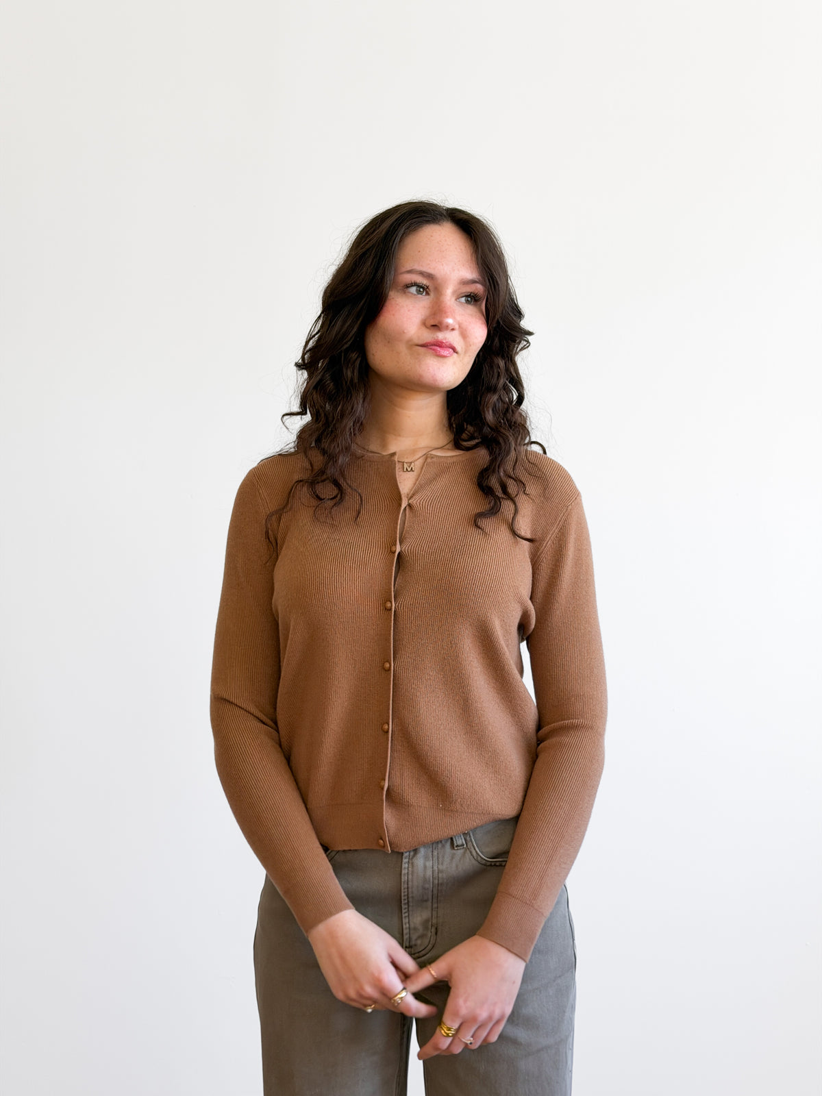 Holly Rib Knit Buttoned Long Sleeve Cardigan Top (Camel)