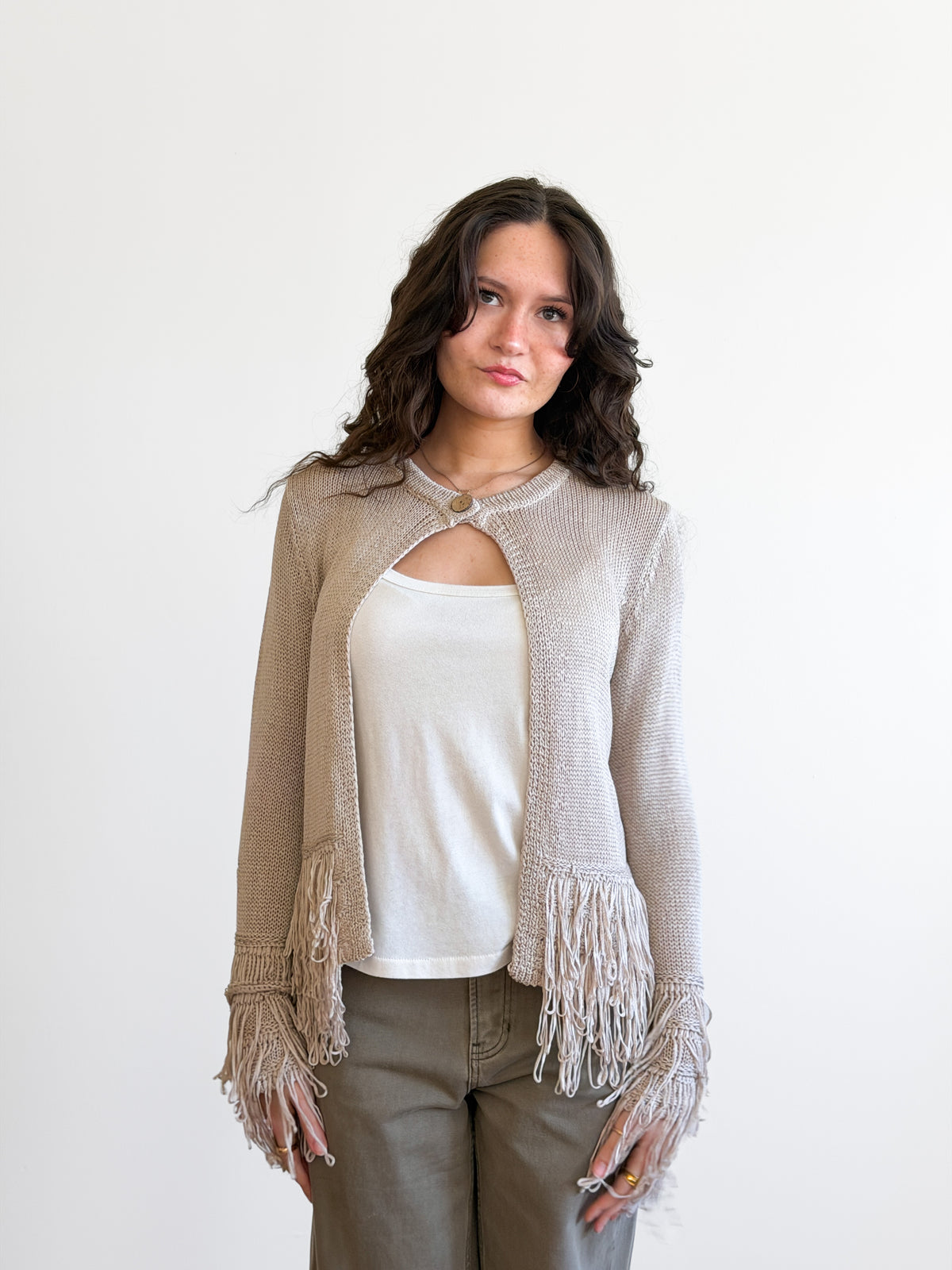 Harlow Grey Fringe Detail Long Sleeve Knit Cardigan Top