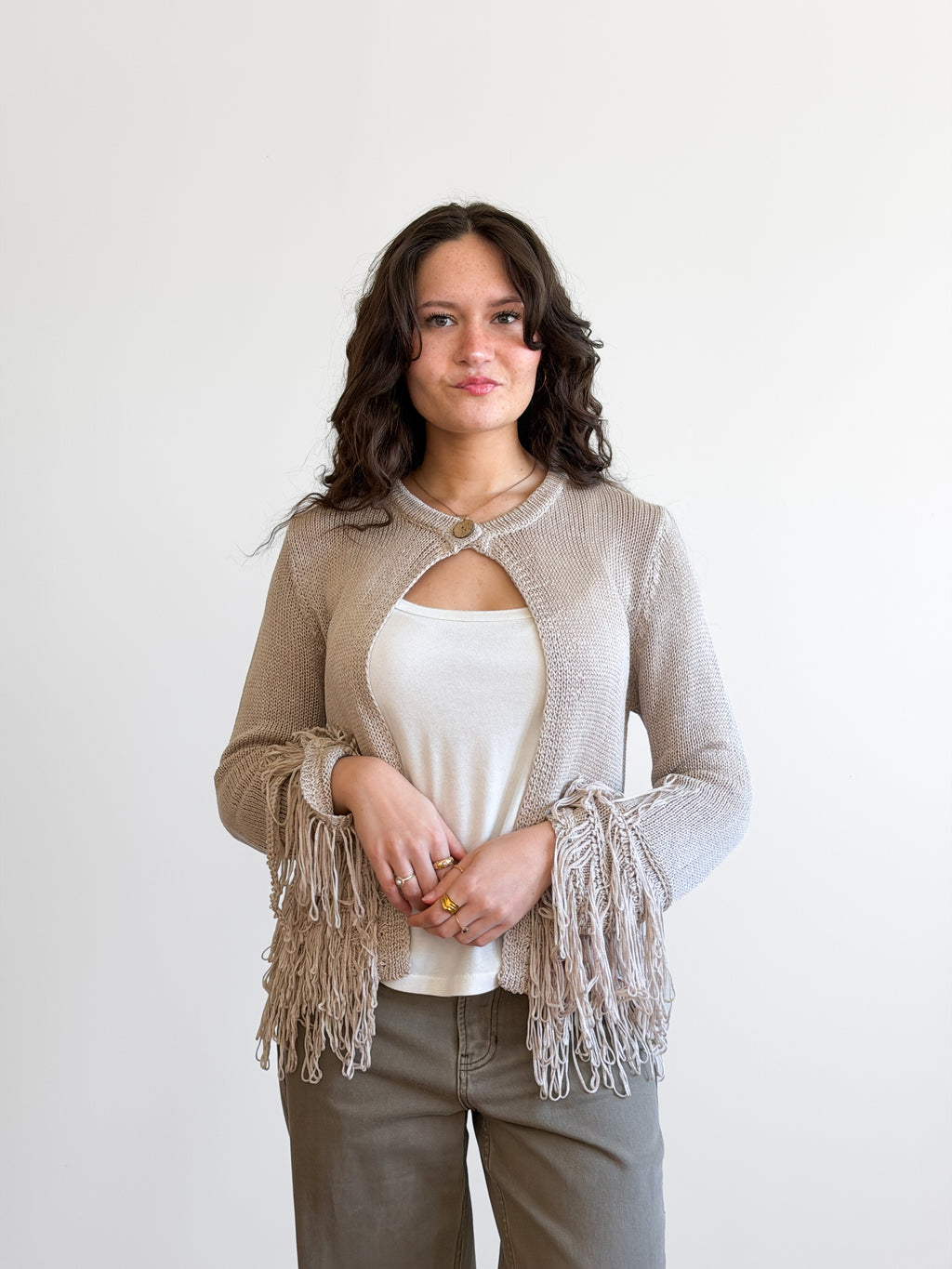 Harlow Grey Fringe Detail Long Sleeve Knit Cardigan Top