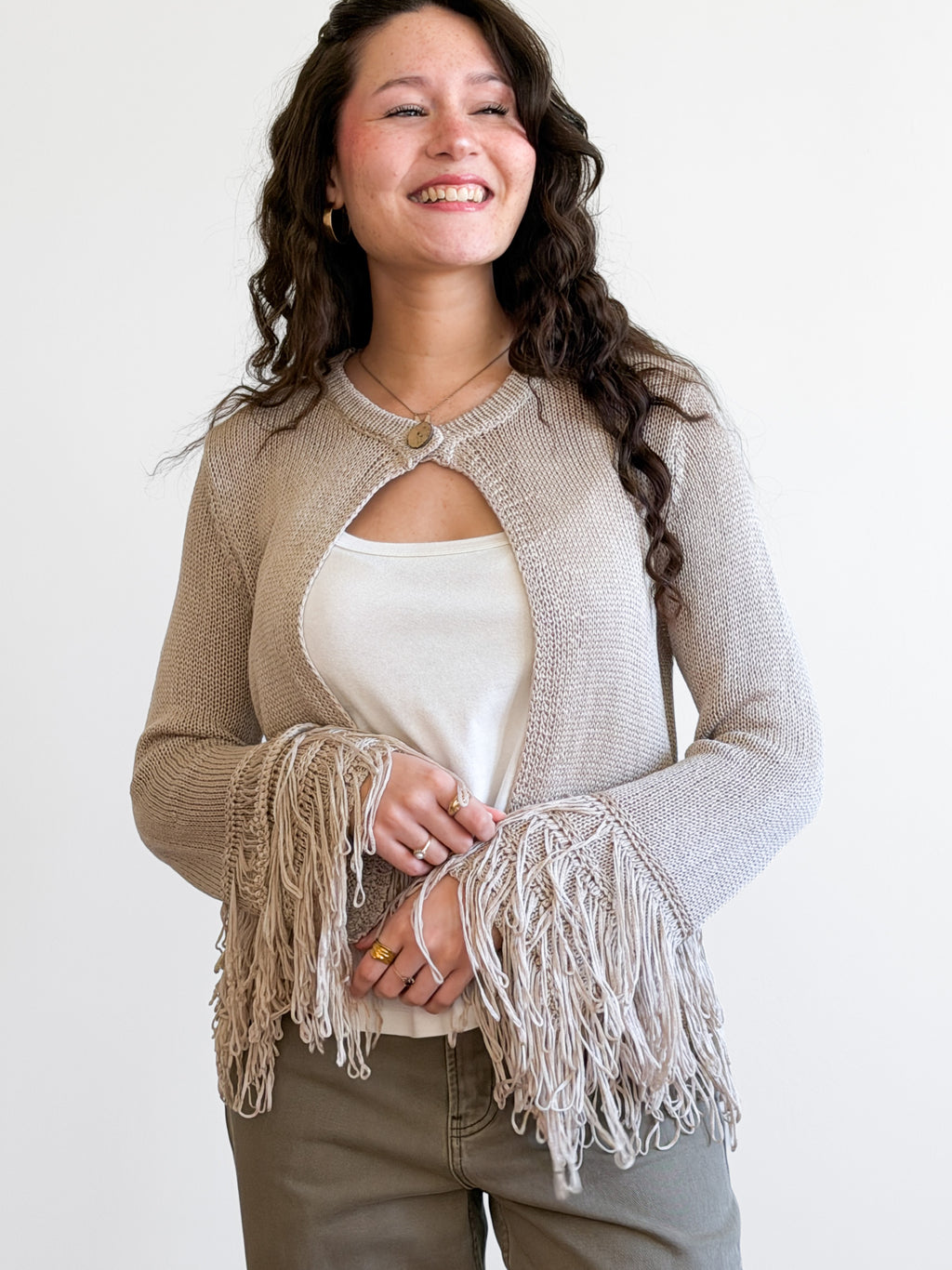 Harlow Grey Fringe Detail Long Sleeve Knit Cardigan Top