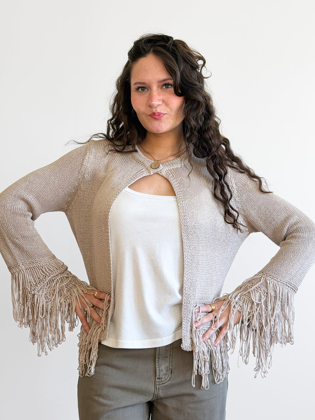 Harlow Grey Fringe Detail Long Sleeve Knit Cardigan Top