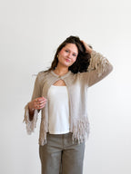 Harlow Grey Fringe Detail Long Sleeve Knit Cardigan Top