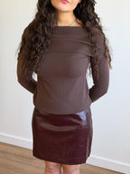 Haven Ribbed Off the Shoulder Knit Long Sleeve Top (Brown)