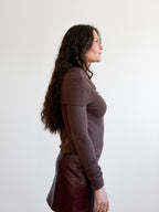Haven Ribbed Off the Shoulder Knit Long Sleeve Top (Brown)