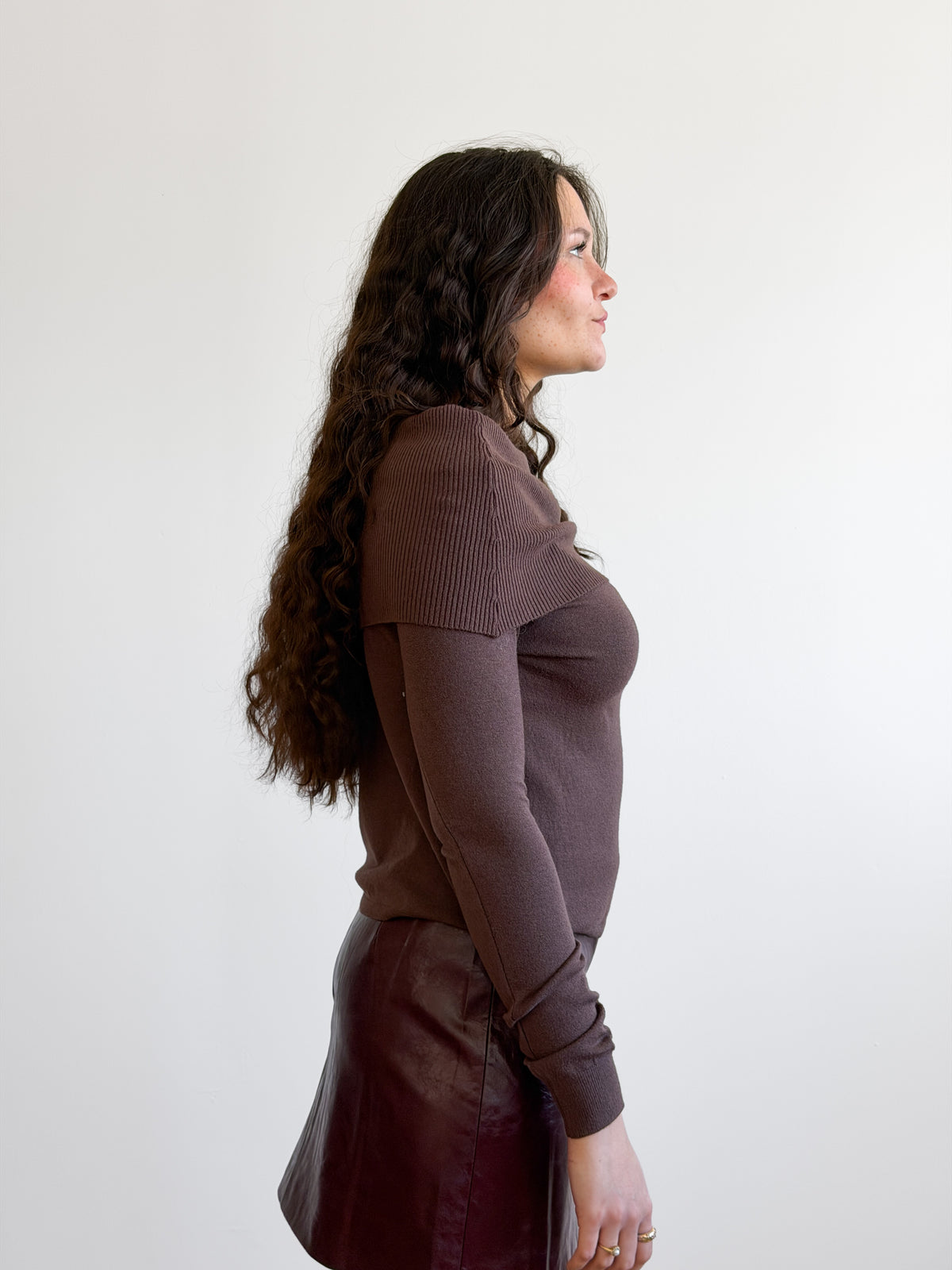 Haven Ribbed Off the Shoulder Knit Long Sleeve Top (Brown)