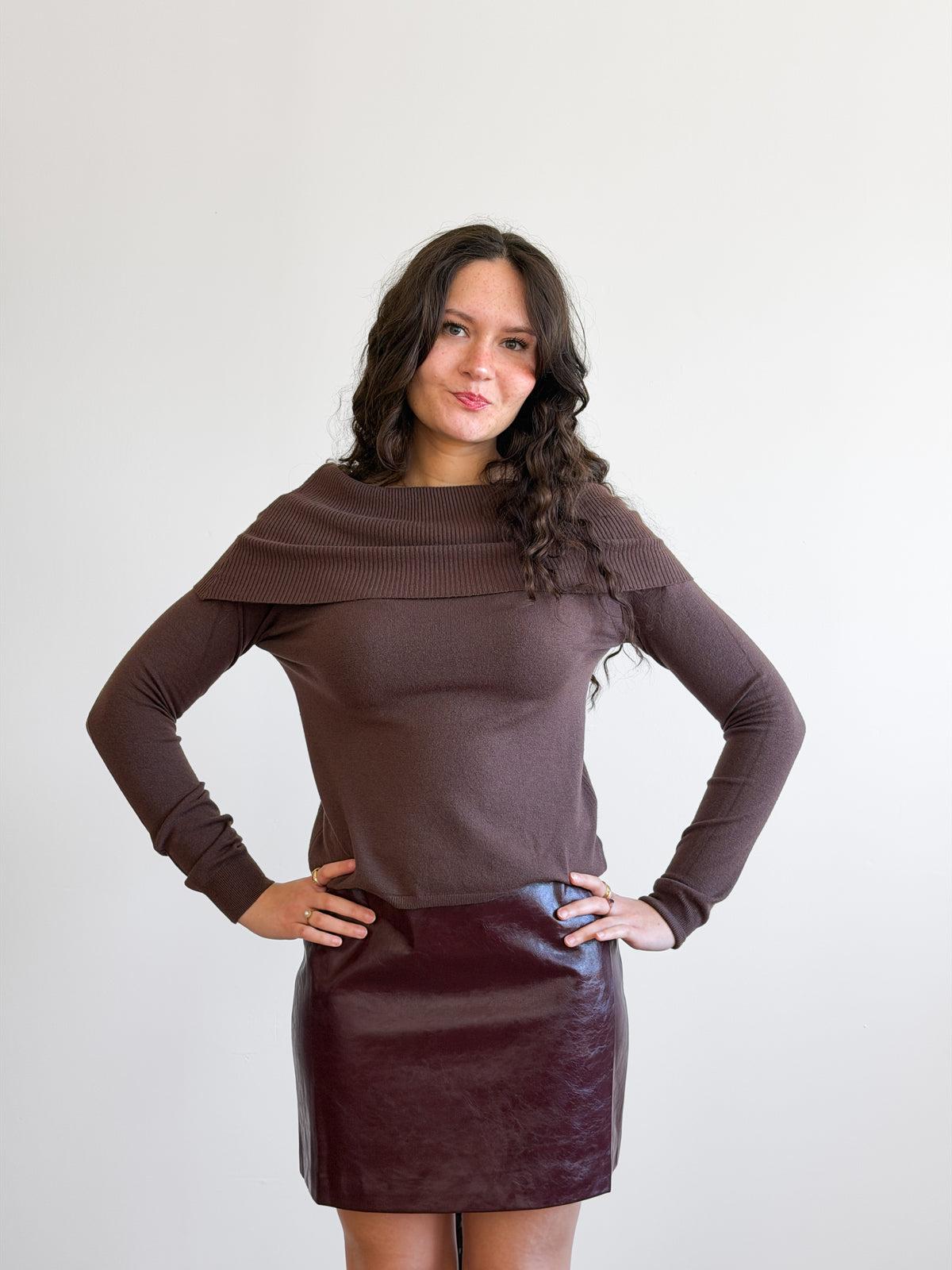 Haven Ribbed Off the Shoulder Knit Long Sleeve Top (Brown)