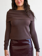 Haven Ribbed Off the Shoulder Knit Long Sleeve Top (Brown)