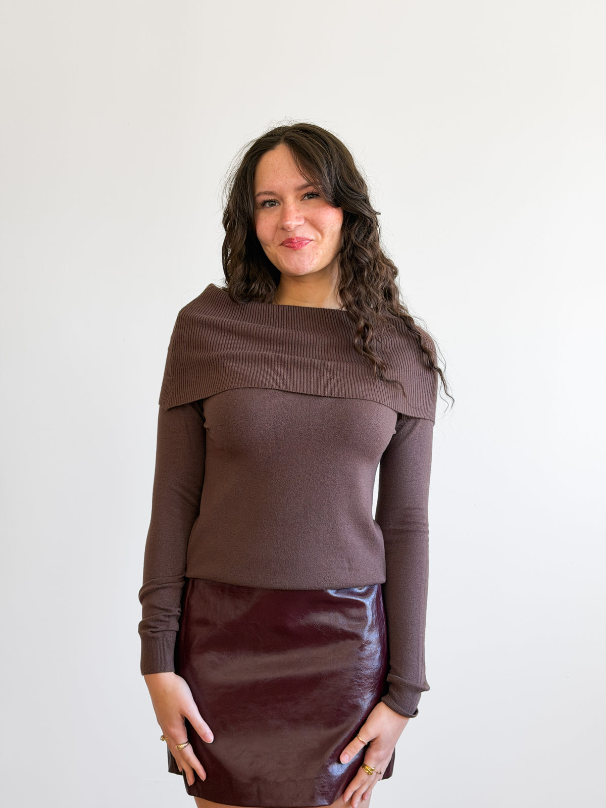 Haven Ribbed Off the Shoulder Knit Long Sleeve Top (Brown)