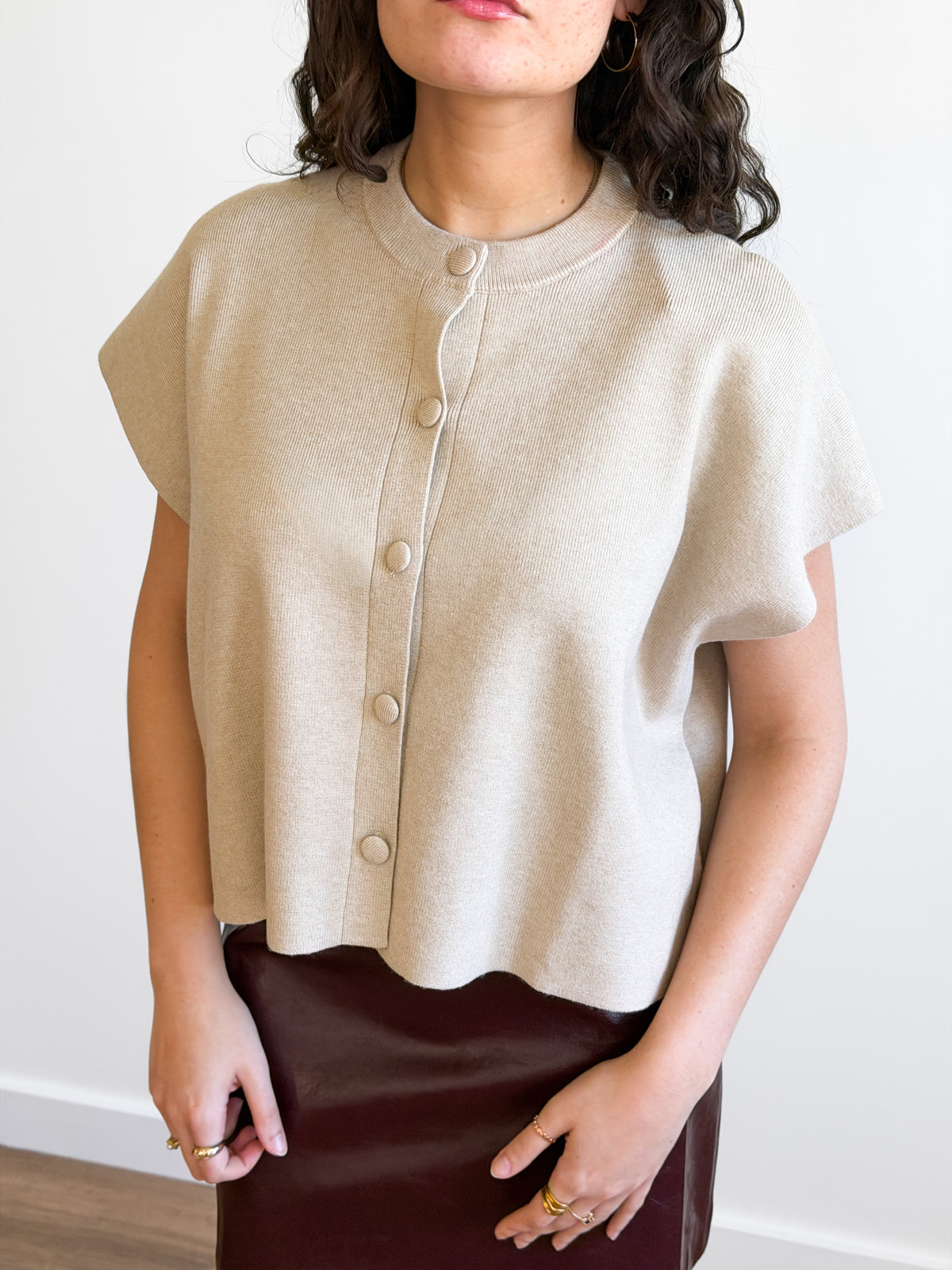 PINCH Hope Oatmeal Button Down Cap Sleeve Cardigan Top