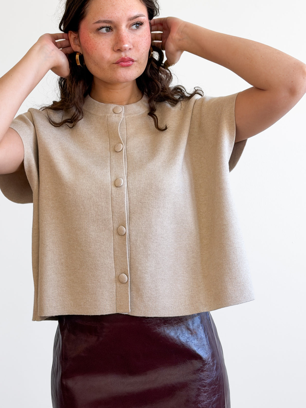 PINCH Hope Oatmeal Button Down Cap Sleeve Cardigan Top
