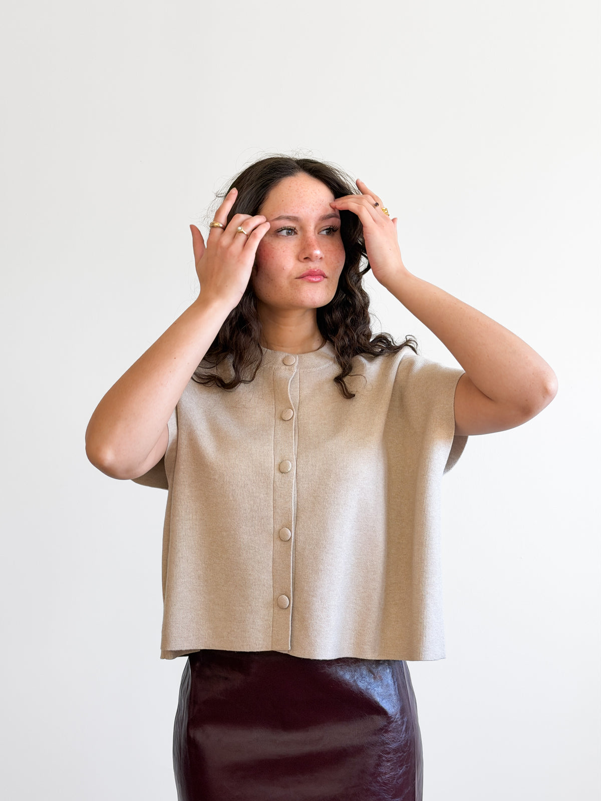 PINCH Hope Oatmeal Button Down Cap Sleeve Cardigan Top